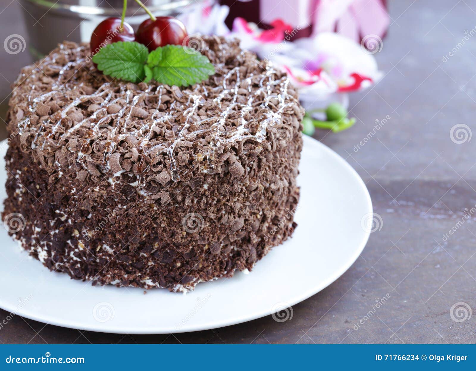 Chocolate Cake with Fresh Cherries (Black Forest) Stock Photo Image