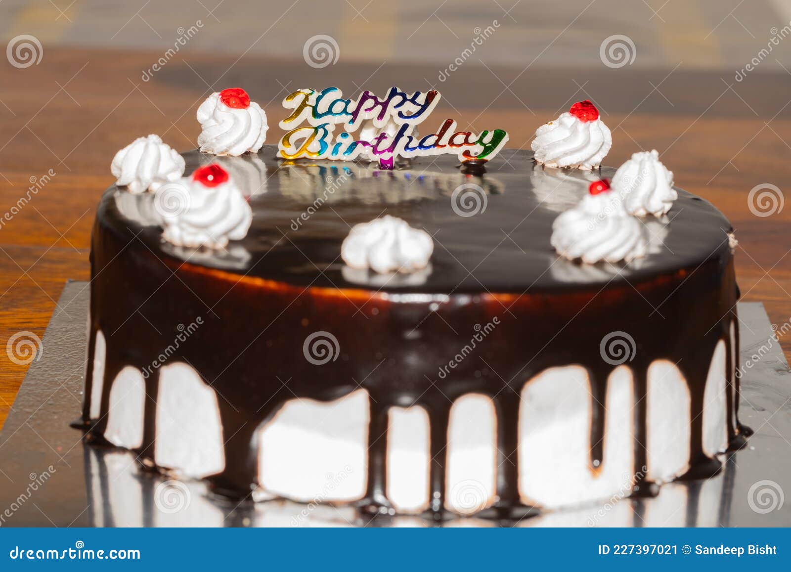 Chocolate Cake with Fresh White Cream and Cherry Topping and Happy ...
