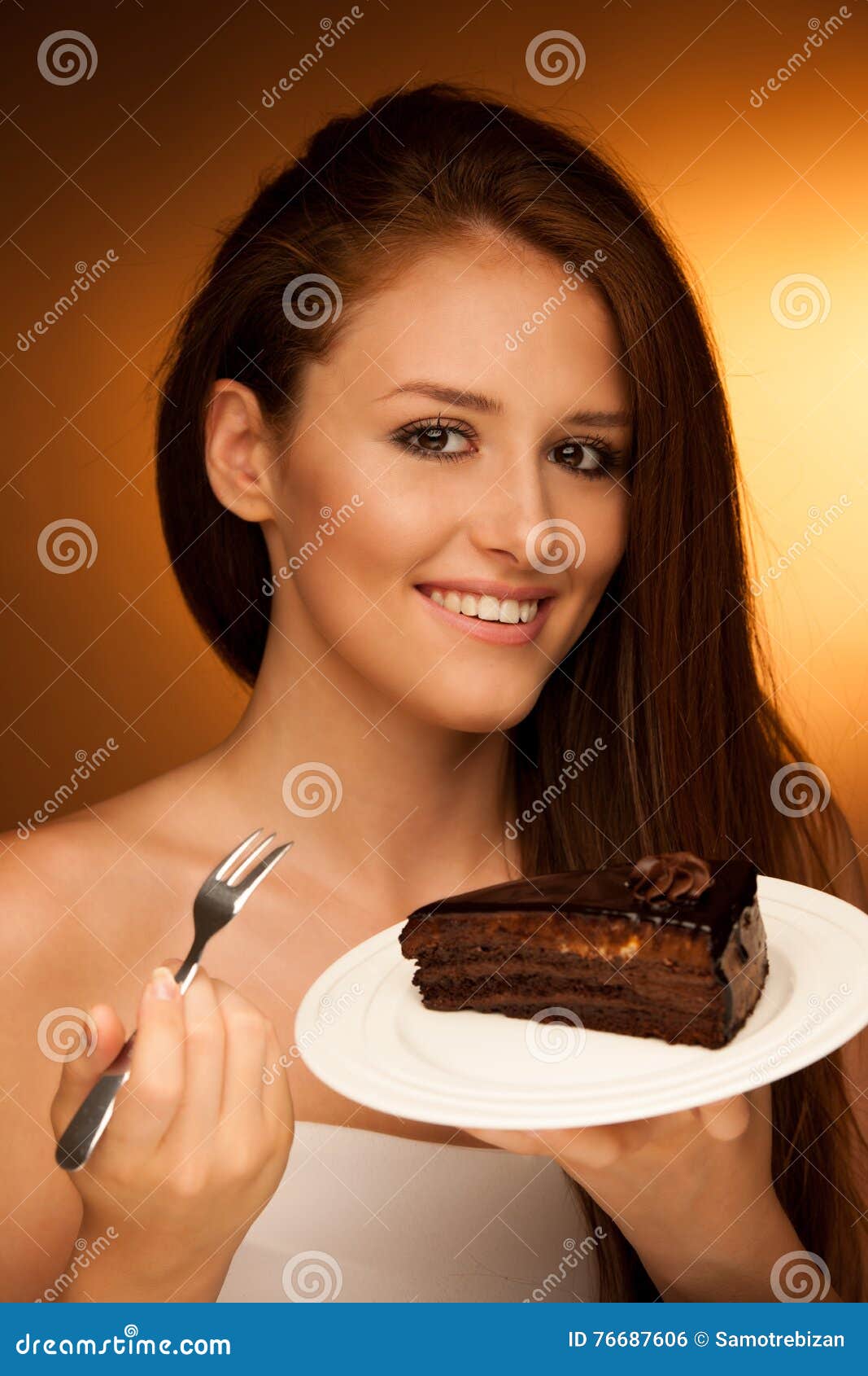 Chocolate Cake Glamorous Woman Eats Dessert Stock Photo Image of