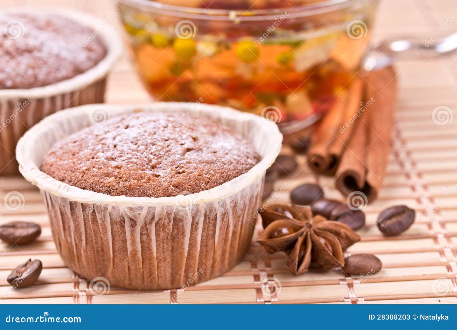 Chocolate Cake and Herbal Tea. Stock Image Image of closeup, muffins