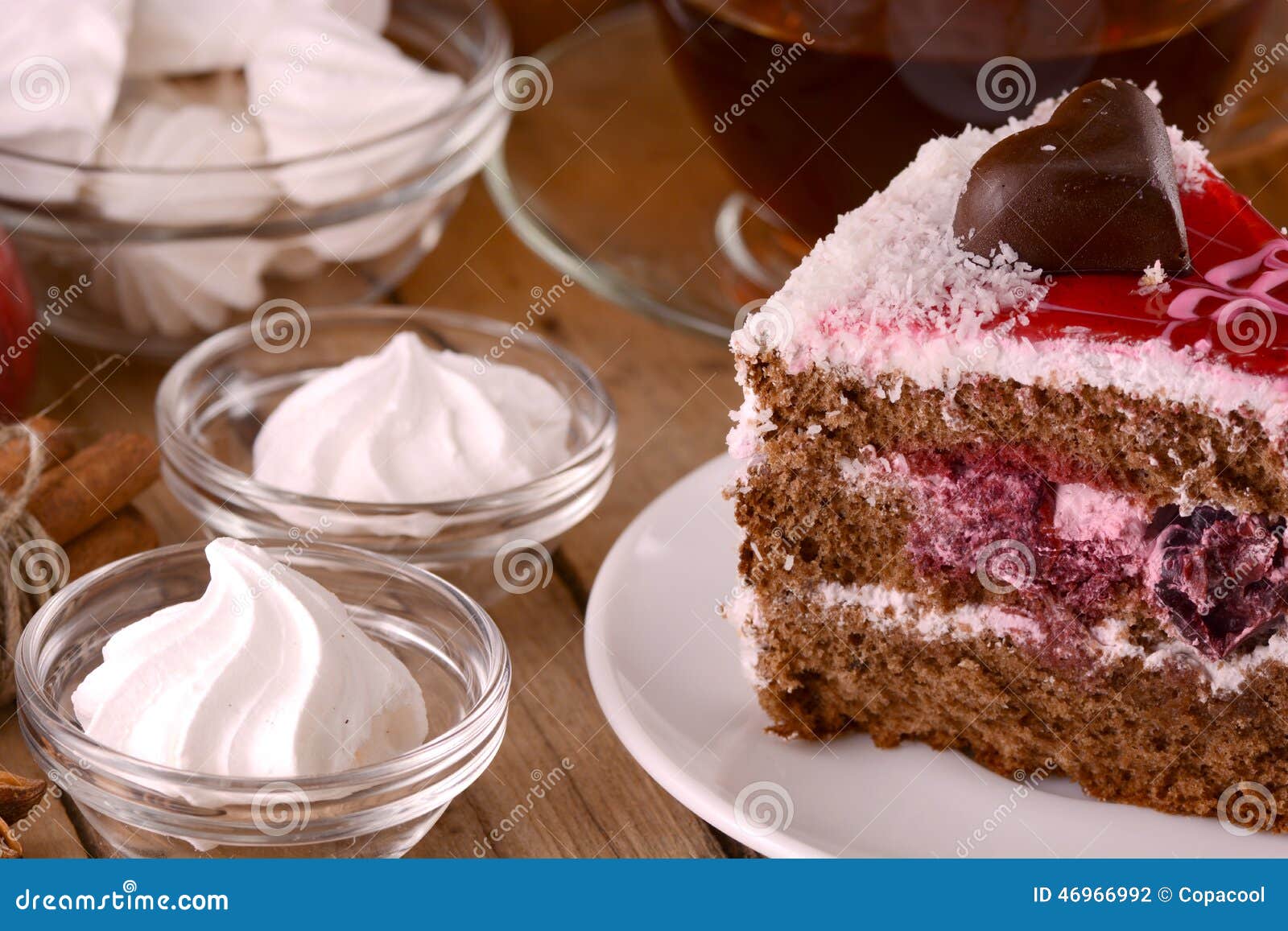 Chocolate Cake with Tea Cup and Meringues Stock Photo Image of plate