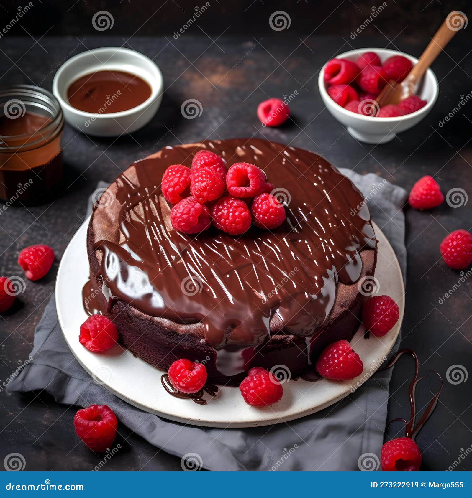 Chocolate Cake with Chocolate Topping and Raspberry Berry Stock