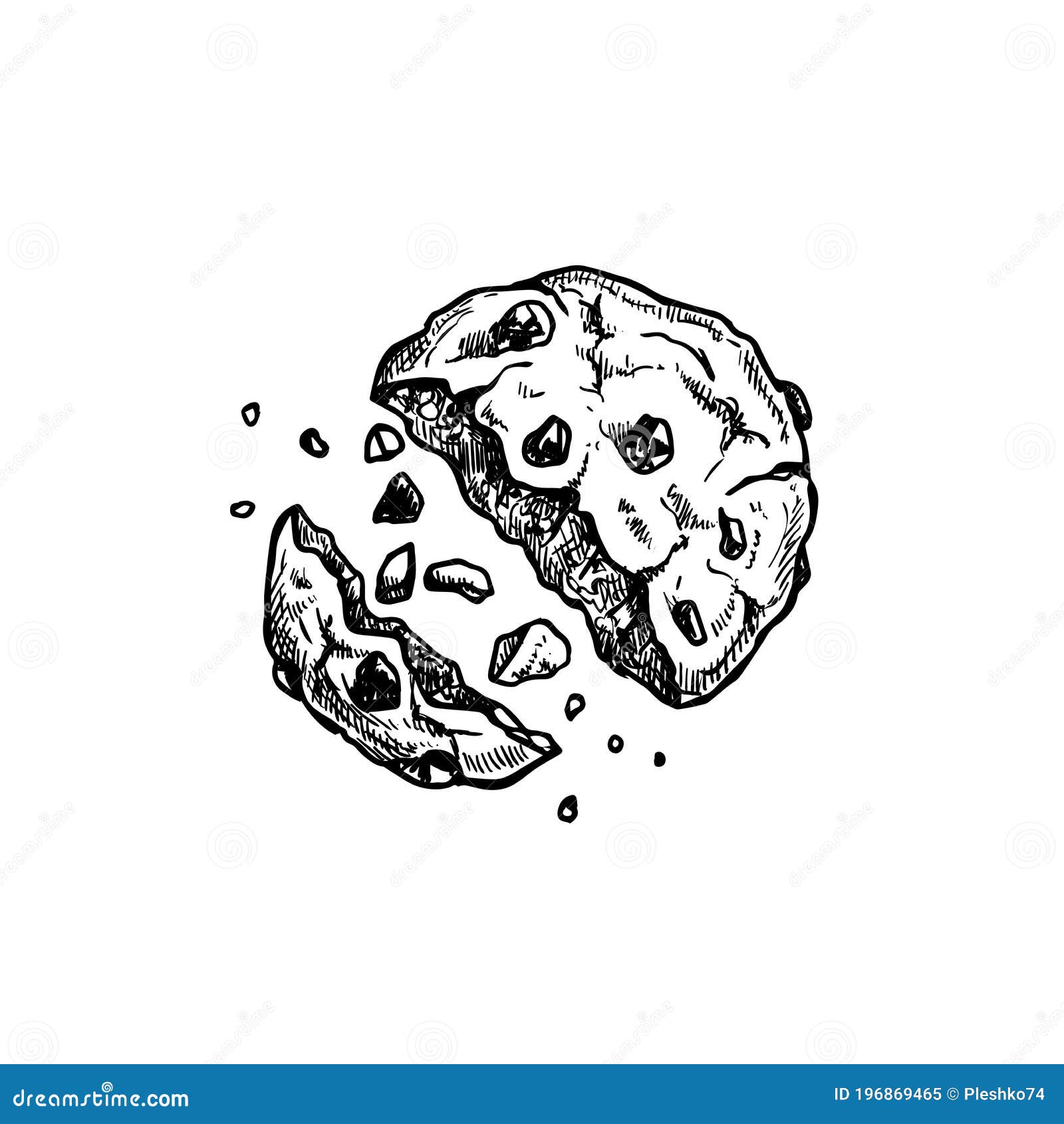 chocolate chip cookie with crumbs. top view. hand drawn sketch style. fresh baked. american biscuit.  