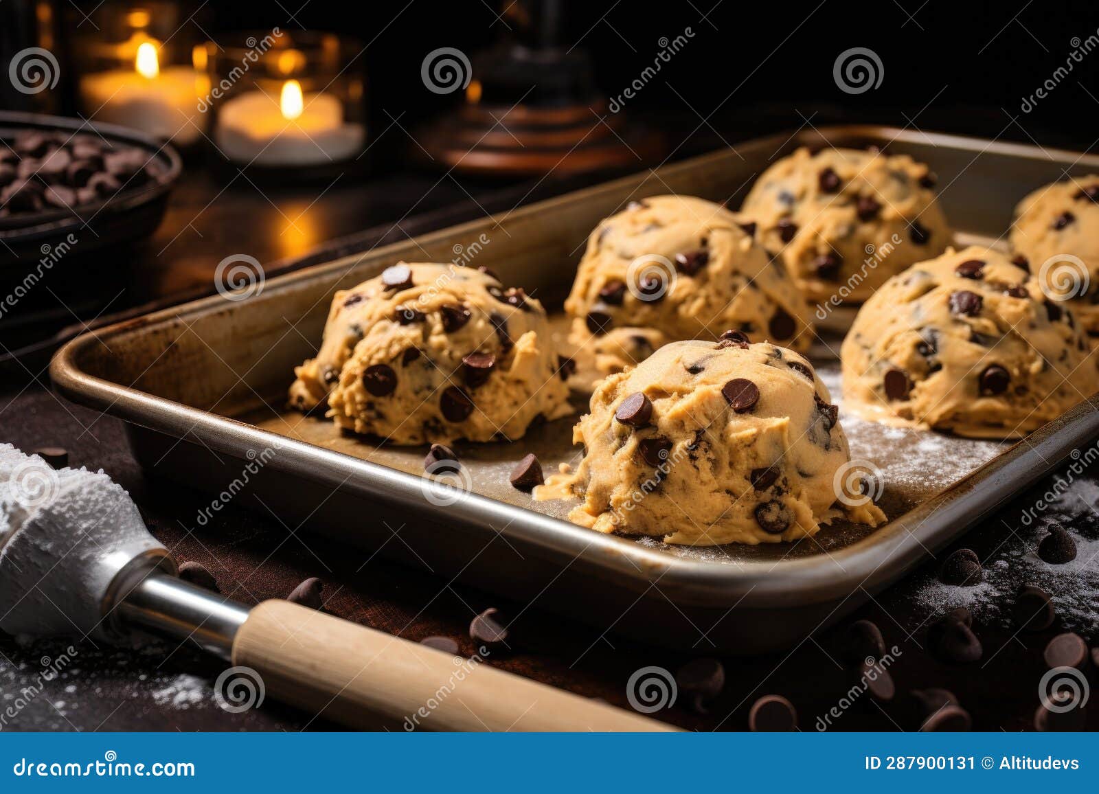 Chocolate Chip Cookie Dough Scoops on Baking Sheet Stock Illustration ...