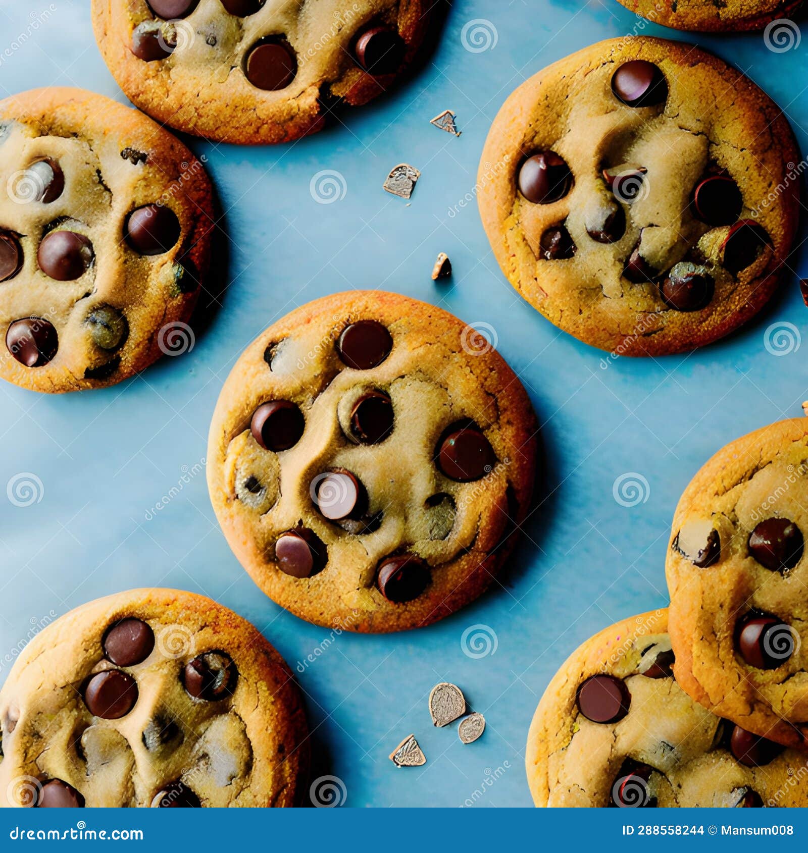 Chocolate Chip Cookies on Blue Background, AI Generated Stock
