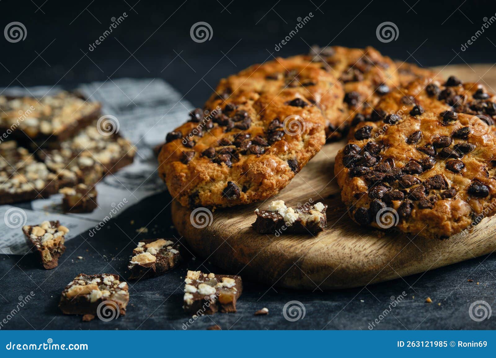 Chocolate Chip Cookies on a Dark Background Stock Image Image of products, treat 263121985