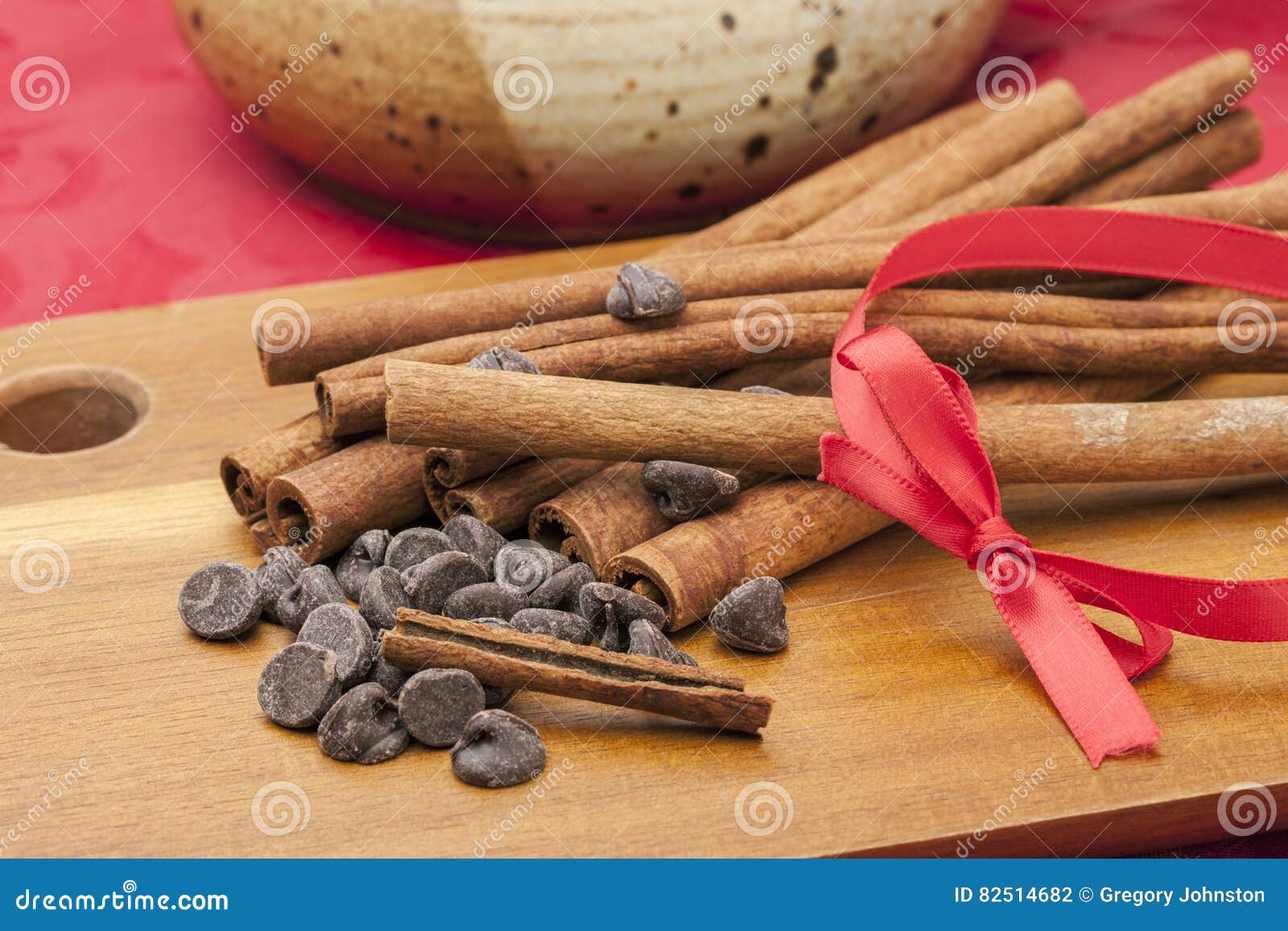 Chocolate Chips and Cinnamon Sticks. Stock Photo Image of temptation
