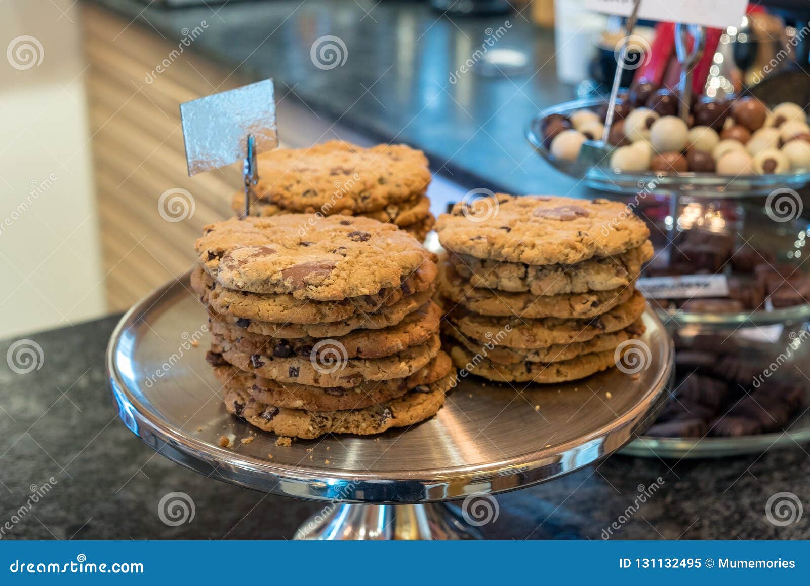 Chocolate Chips Cookies Stacked on Aluminium Tray Stock Image Image