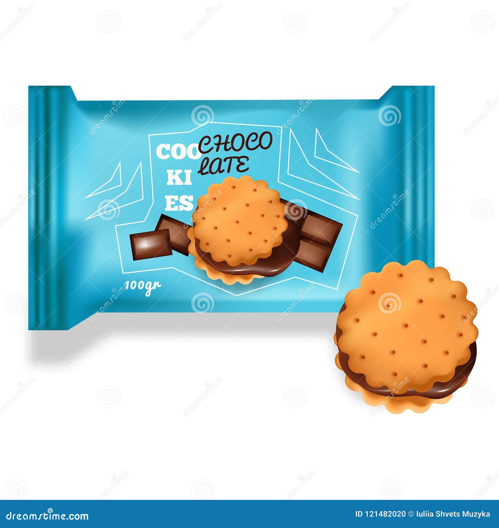 Chocolate Cookies with Blue Packaging on the White Background. Stock
