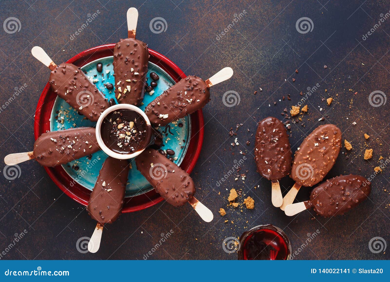 Chocolate Covered Ice Cream Sticks with Milk and Dark Chocolate Stock