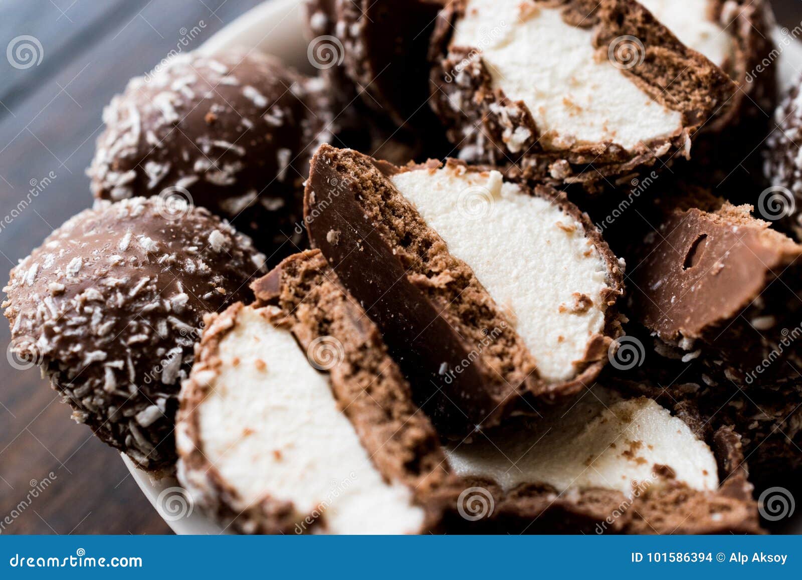 Chocolate Covered Marshmallows with Coconut Powder. Stock Photo Image