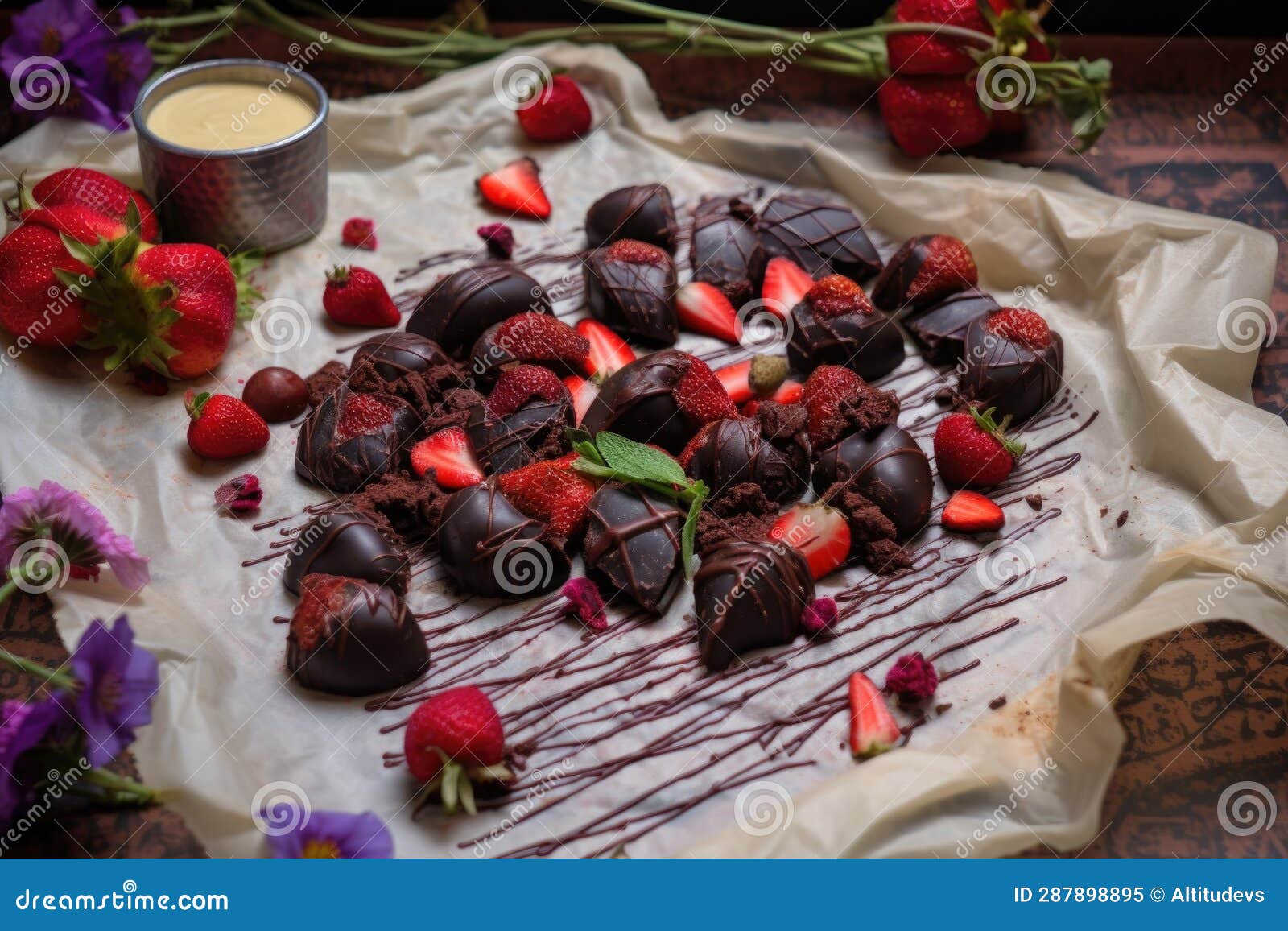 Chocolatecovered Strawberries and Cherries on Parchment Paper Stock