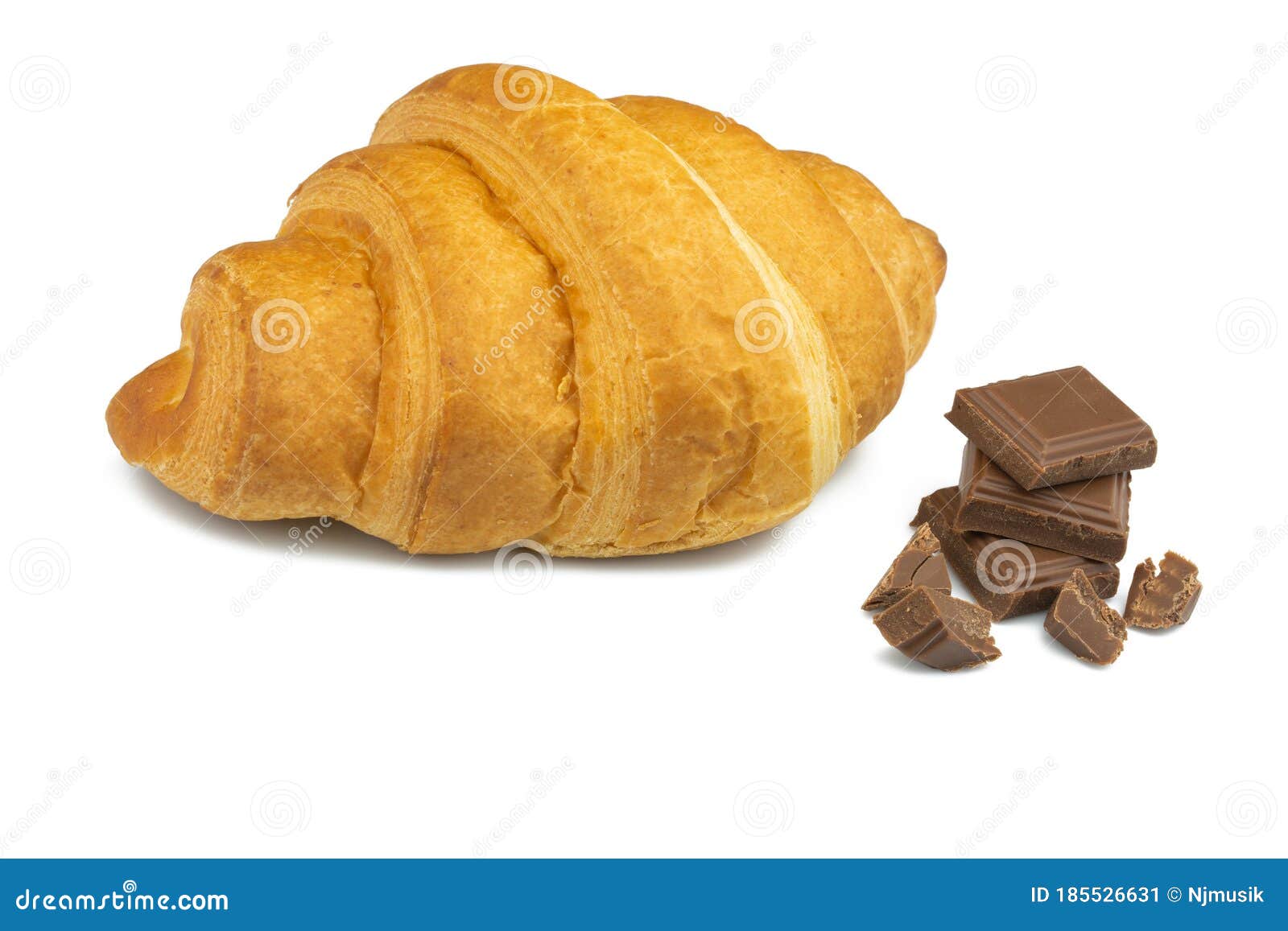 Chocolate Croissant and Pieces of Chocolate on a White Background Stock