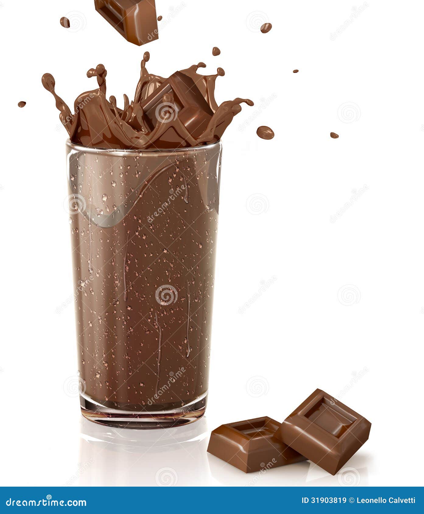 chocolate cubes splashing into a choco milkshake glass.