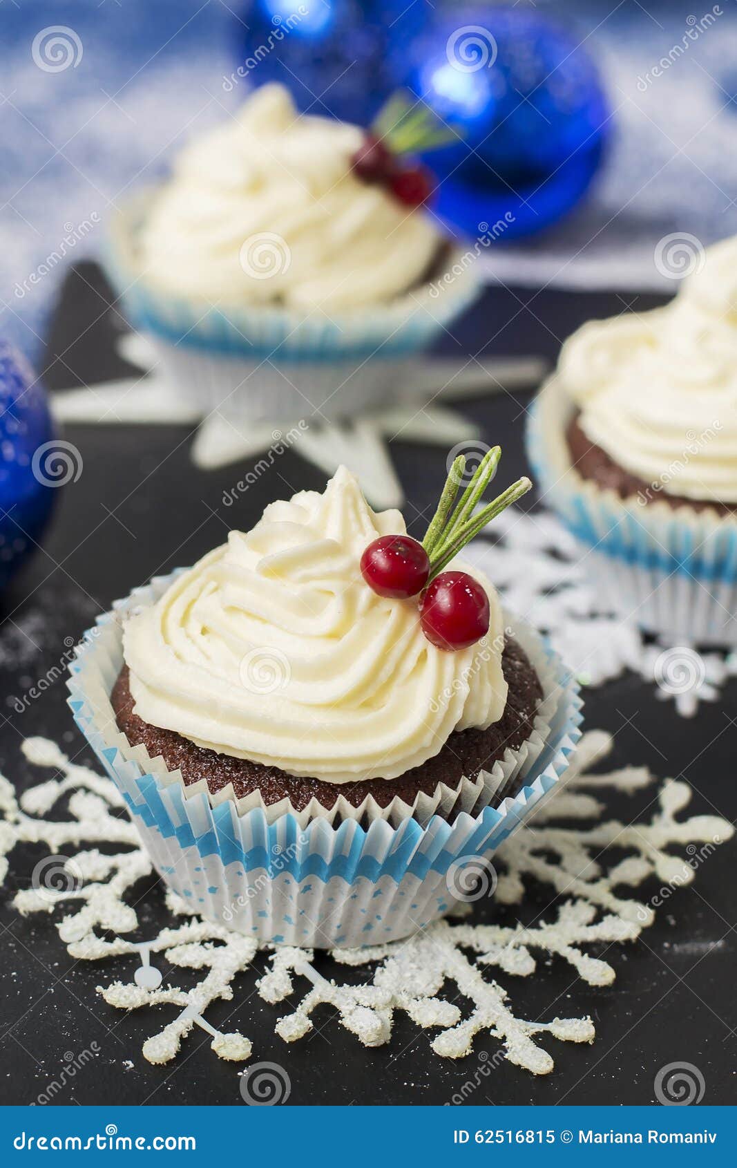 Chocolate Cupcake with Cream Cheese in Christmas Decorations Stock