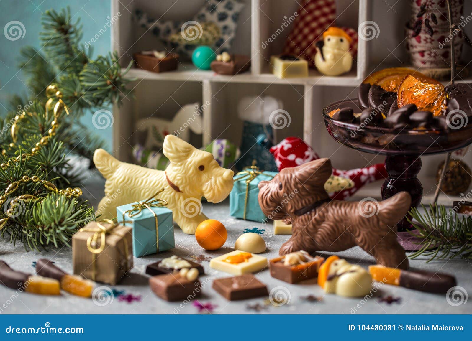 Chocolate Dogs and Candy on Light Background Stock Image Image of