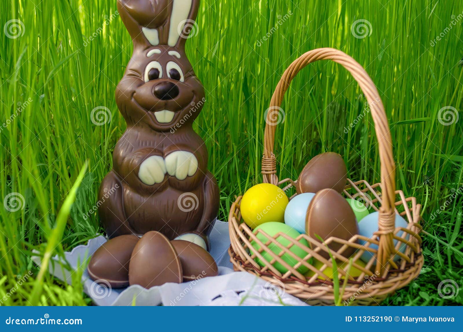 Chocolate Easter Bunny with Chocolate Easter Eggs and Sweets Stock