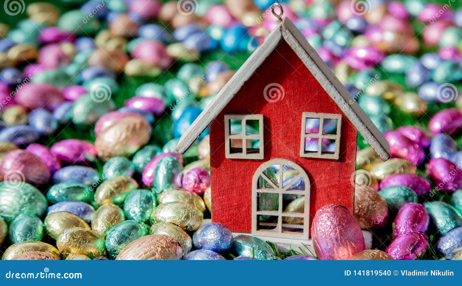 Chocolate Easter Eggs and Toy House on it Stock Photo Image of easter