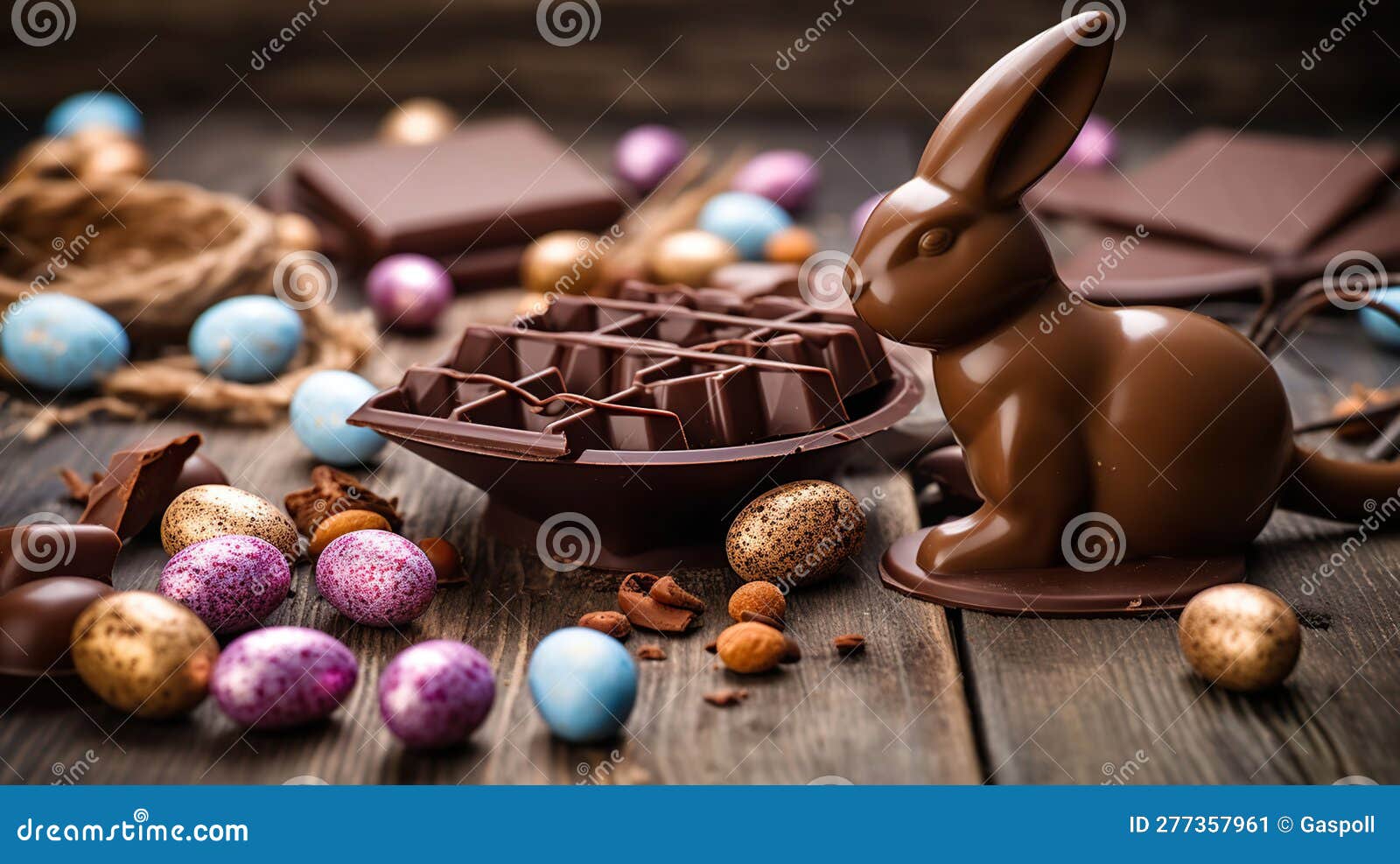 Chocolate Eggs and Easter Almonds, Chocolate Bunny and Sweets on Wooden