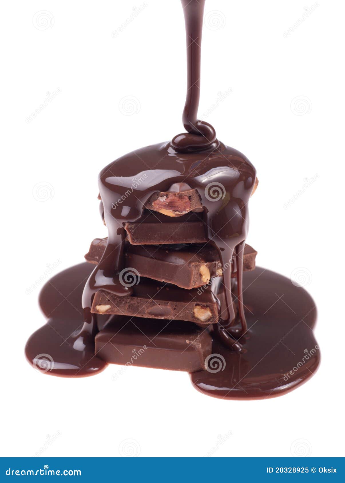 Melting chocolate drips. Chocolate isolated on white background. Stock  Photo