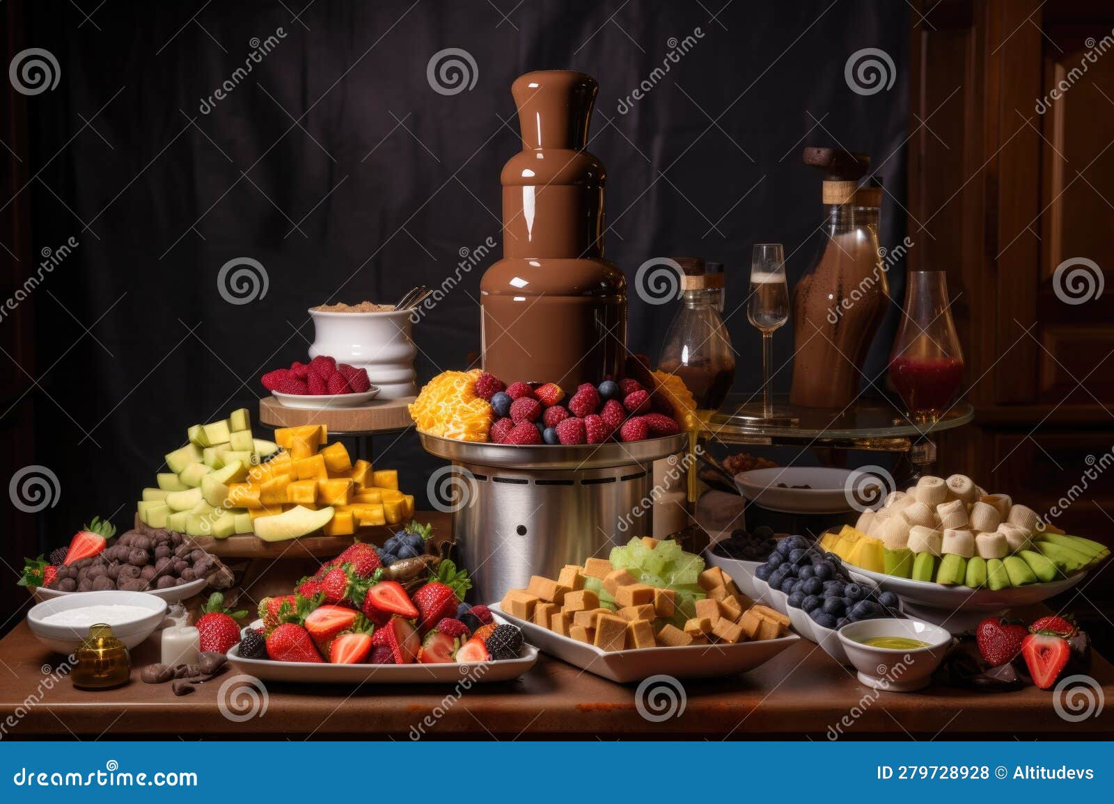 A Chocolate Fountain Surrounded by Different Types of Pastries and