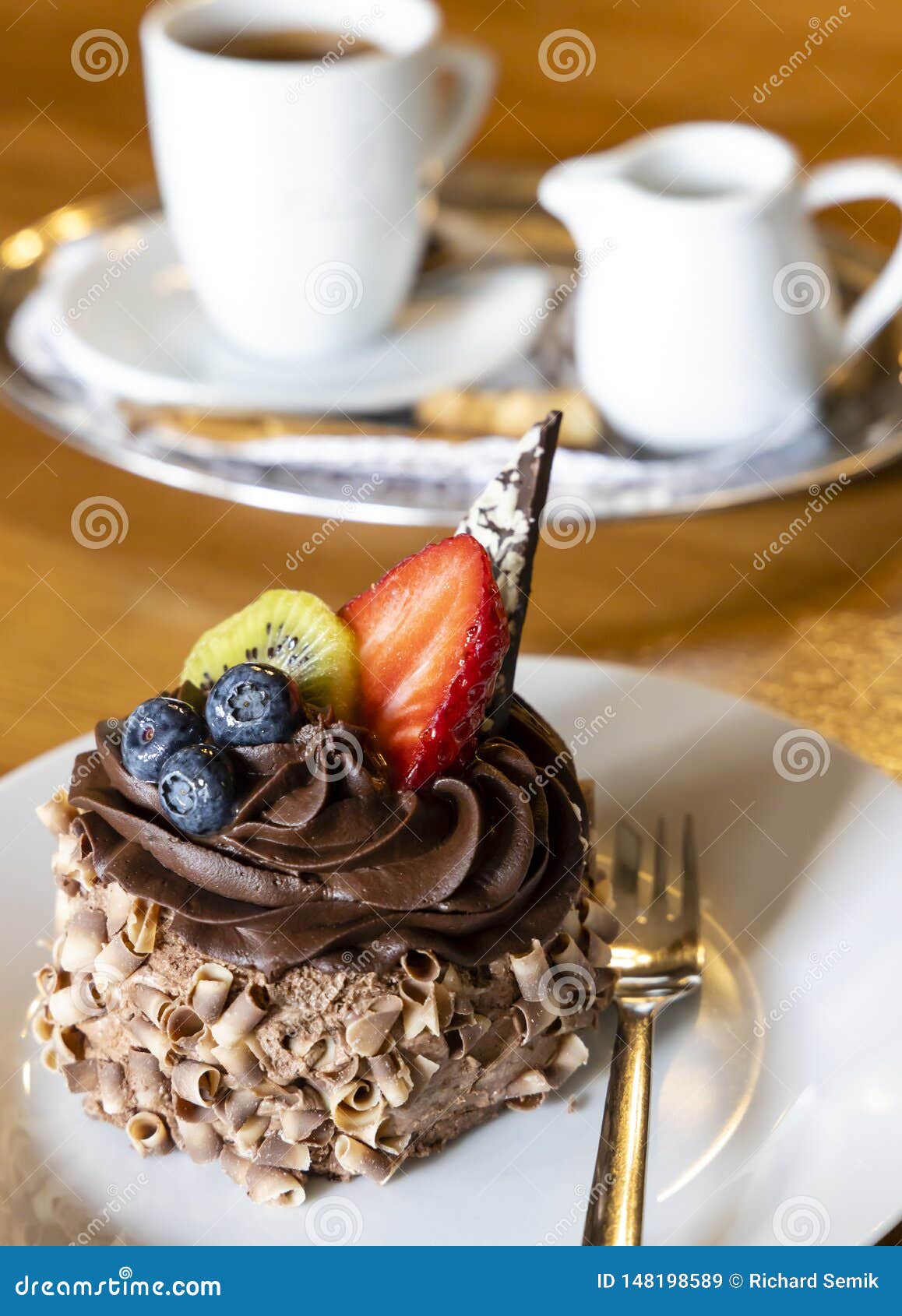 Chocolate fruit dessert stock image. Image of piece 148198589