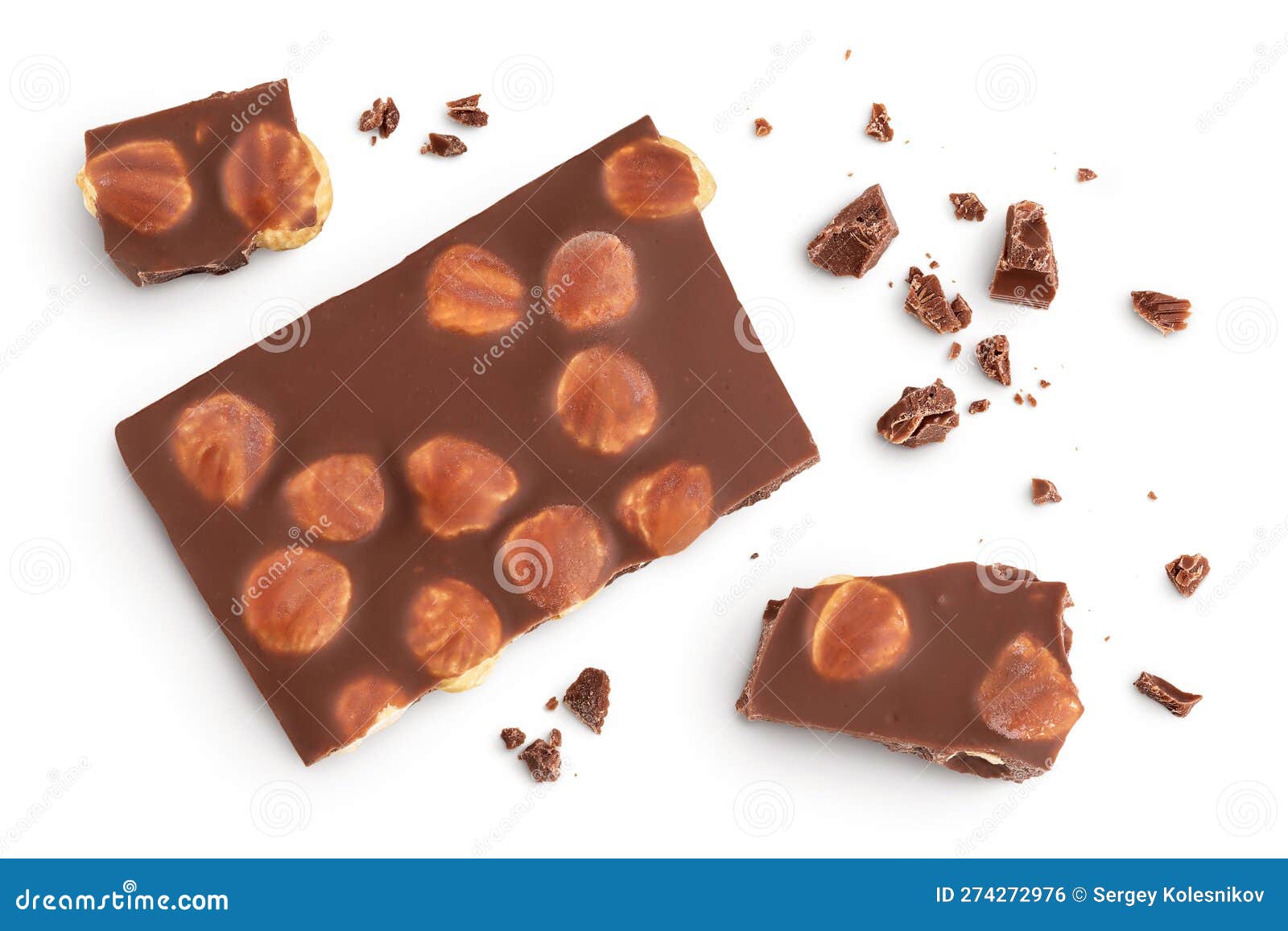 Chocolate with Hazelnuts Isolated on White Background with Full Depth of Field. Top View Stock