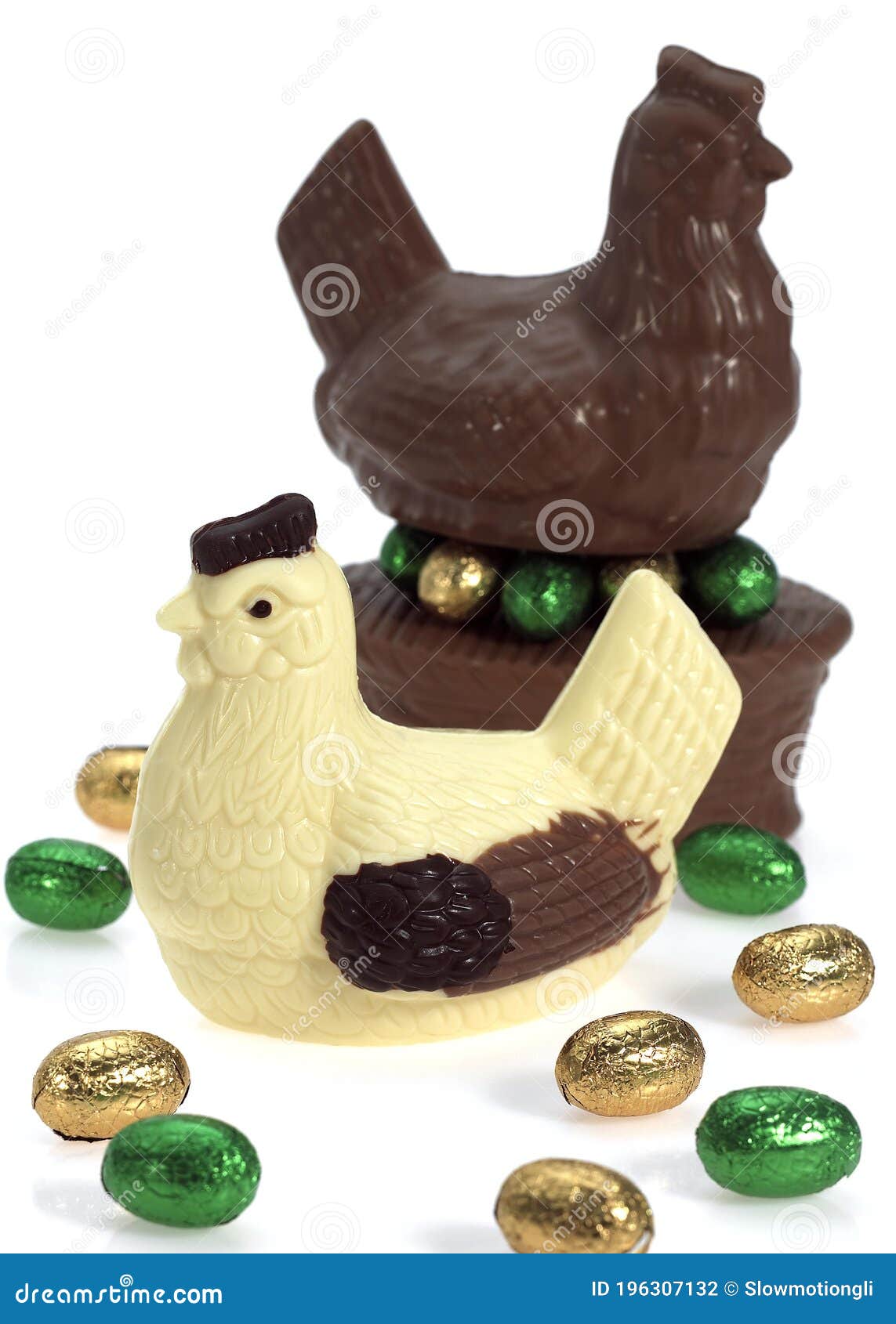 Chocolate Hen and Eggs for Easter Against White Background Stock Photo
