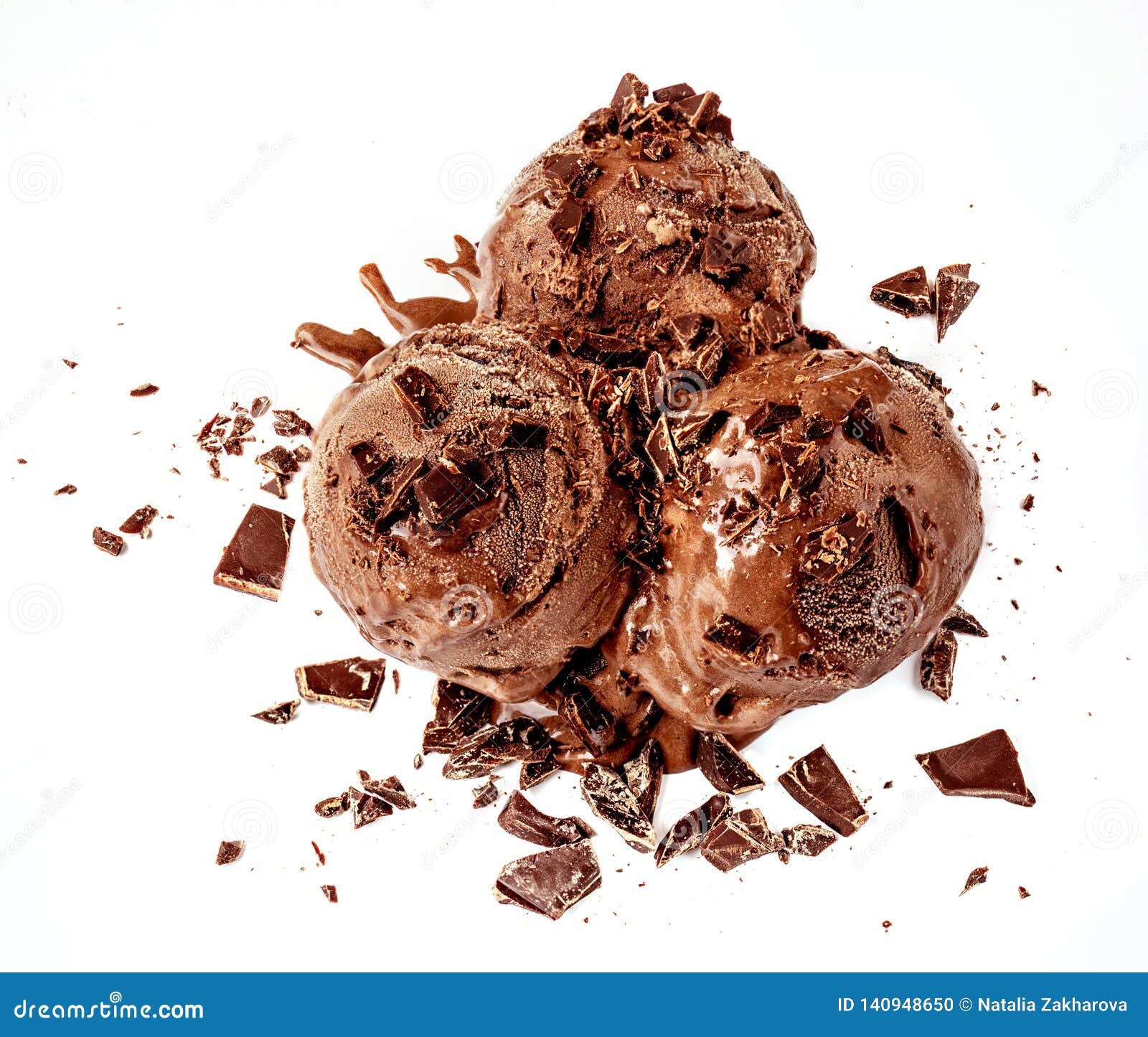Chocolate Ice Cream Ball and Chocolate Chunks Isolated on White