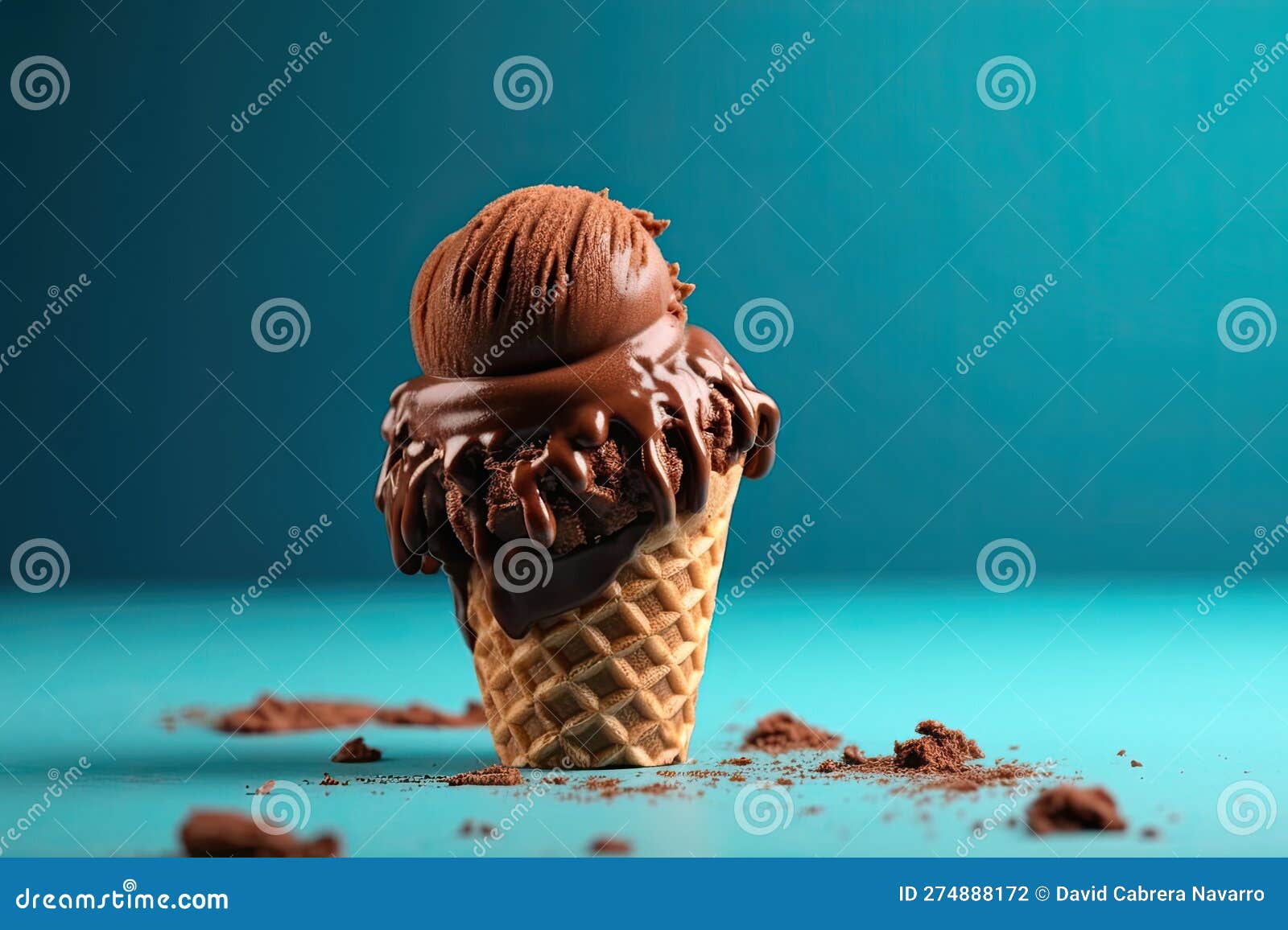 Chocolate Ice Cream Cone on Blue Background. AI Generative Stock