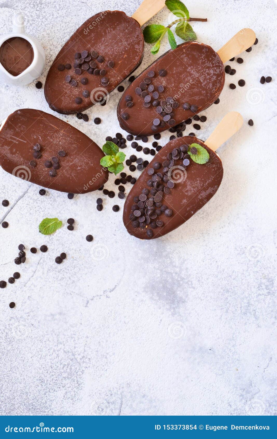 Chocolate Icecream. Popsicle on Concrete Background. Top View Stock