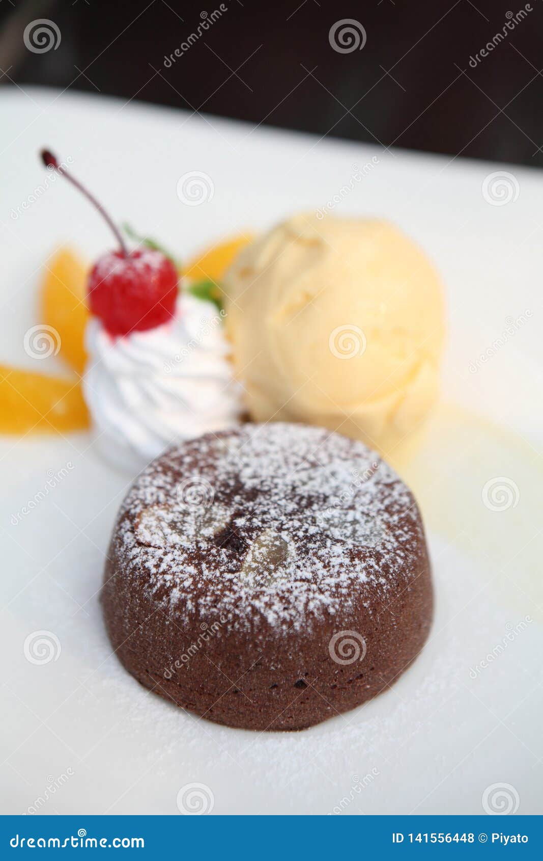 Chocolate Lava Cake with Ice Cream and Fruit Stock Photo Image of