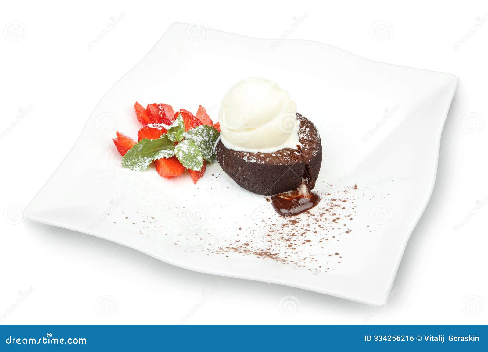 chocolate lava cake with vanilla ice cream and berries