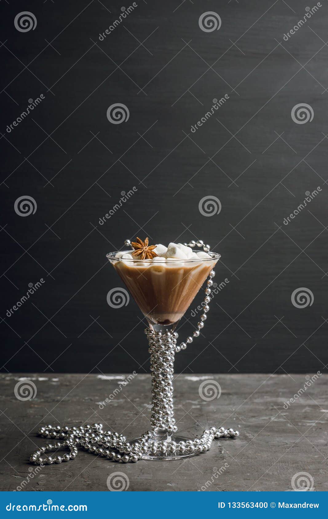 Chocolate Martini with Spices and Marshmallow on the Rustic Background