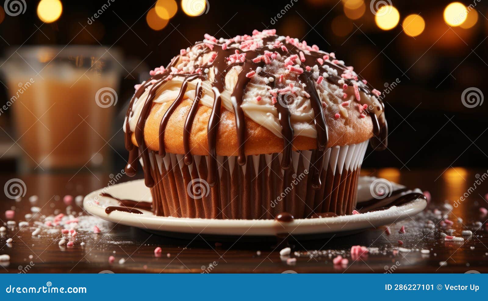 Chocolate Muffin with Icing and Sprinkles. Generative AI. Stock