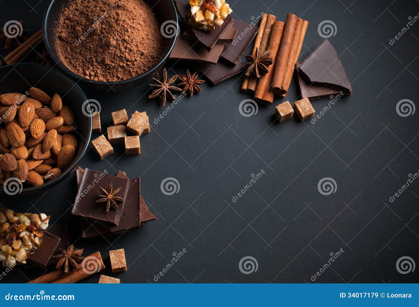 Chocolate, Nuts, Sweets, Spices and Brown Sugar Stock Image - Image of