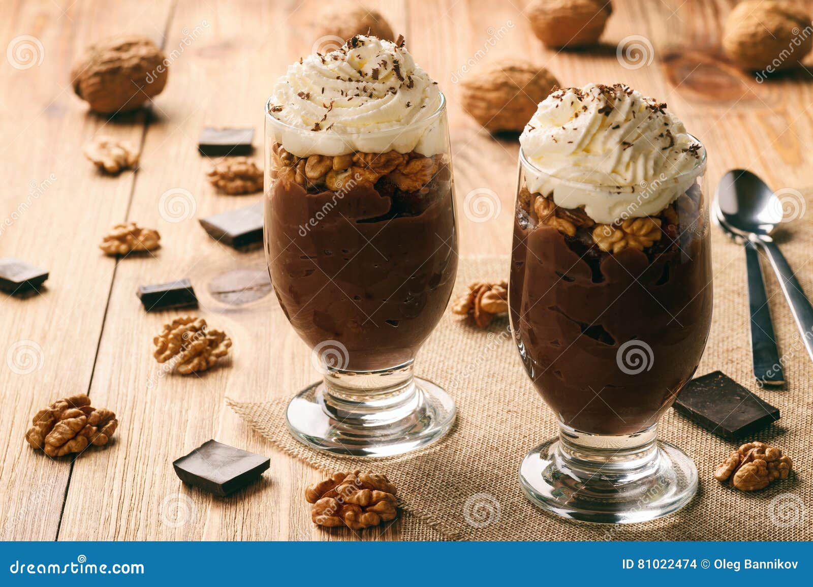 Chocolate Pudding with Walnuts and Whipped Cream. Stock Photo Image