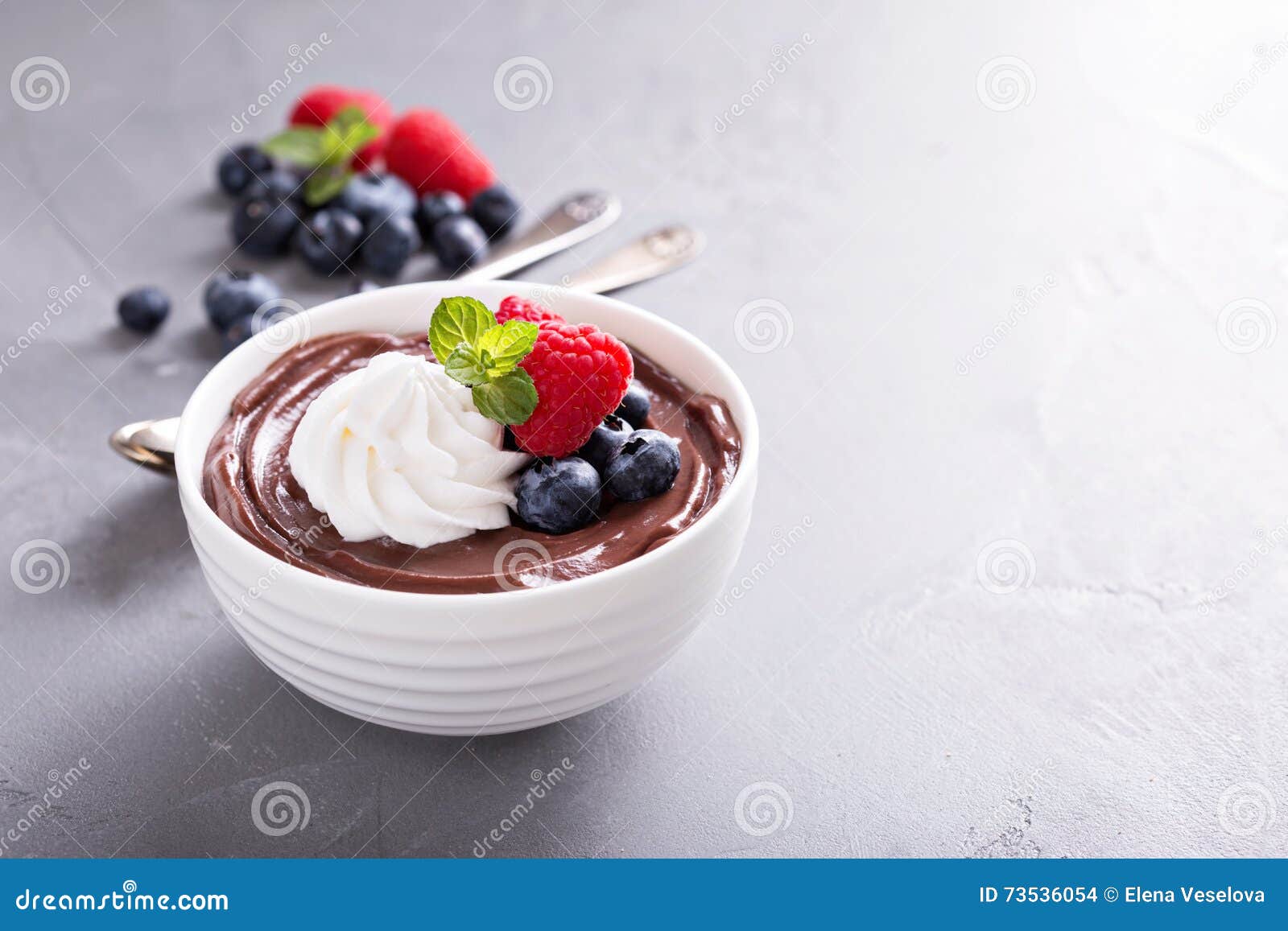 Chocolate Pudding with Whipped Cream and Berries Stock Photo Image of