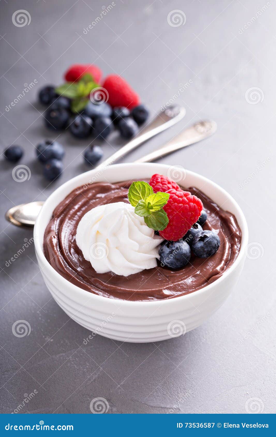 Chocolate Pudding with Whipped Cream and Berries Stock Image Image of