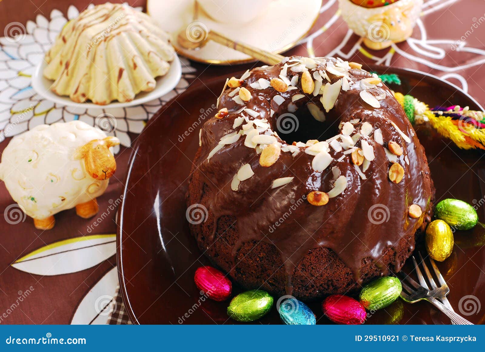 Chocolate Ring Cake with Almonds and Nuts Topping for Easter Stock