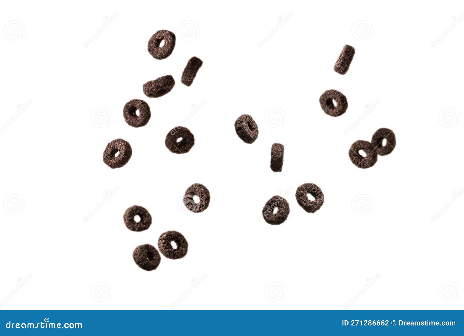 Chocolate Rings Cereal Spill Out into a Bowl. Breakfast Stock Photo