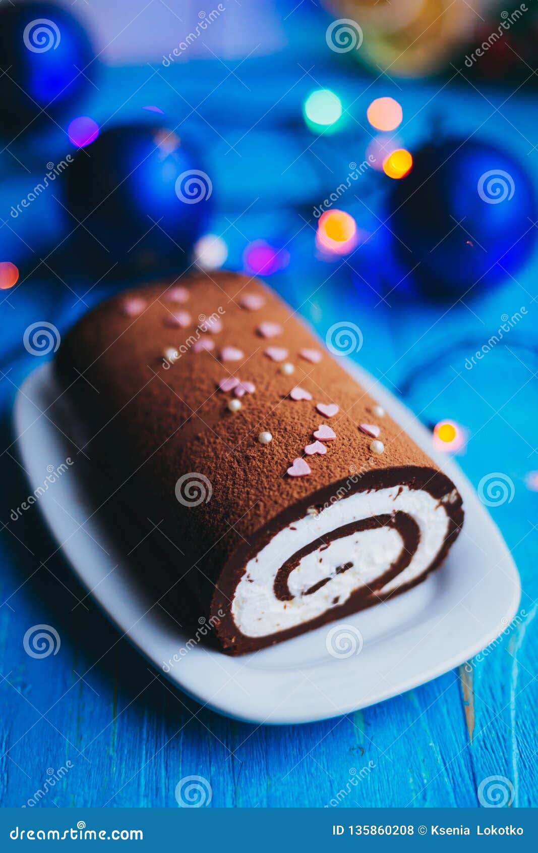 Chocolate Roll Christmas Log with Cream Stock Photo - Image of black ...