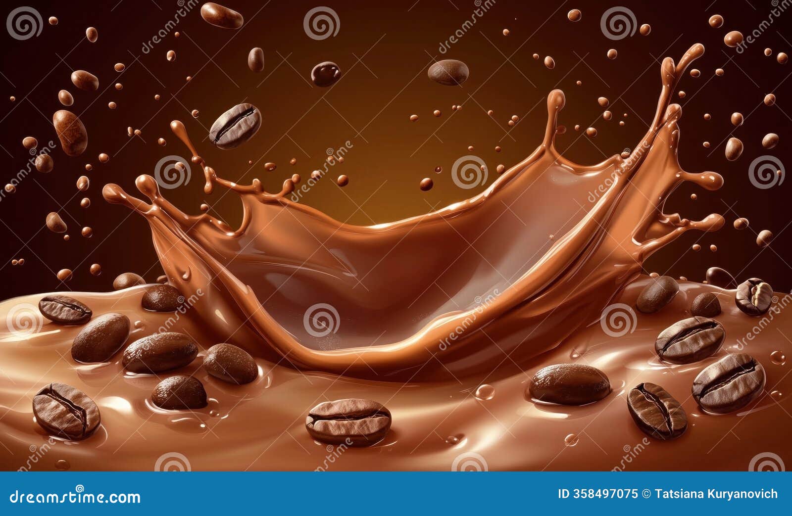 chocolate splash with coffee beans creating dynamic visual impact, rich textures and warm tones