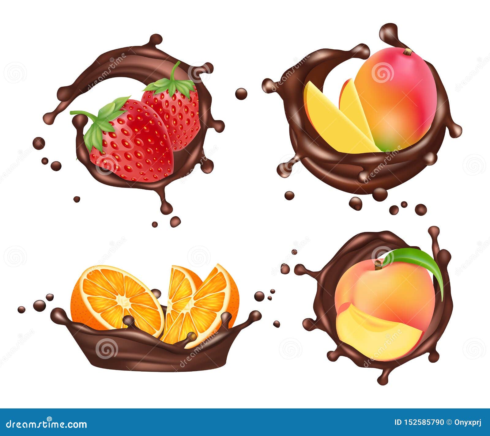 chocolate splashes with fruits and berries.  realistic orange and peach, mango and strawberry with chocolate milk