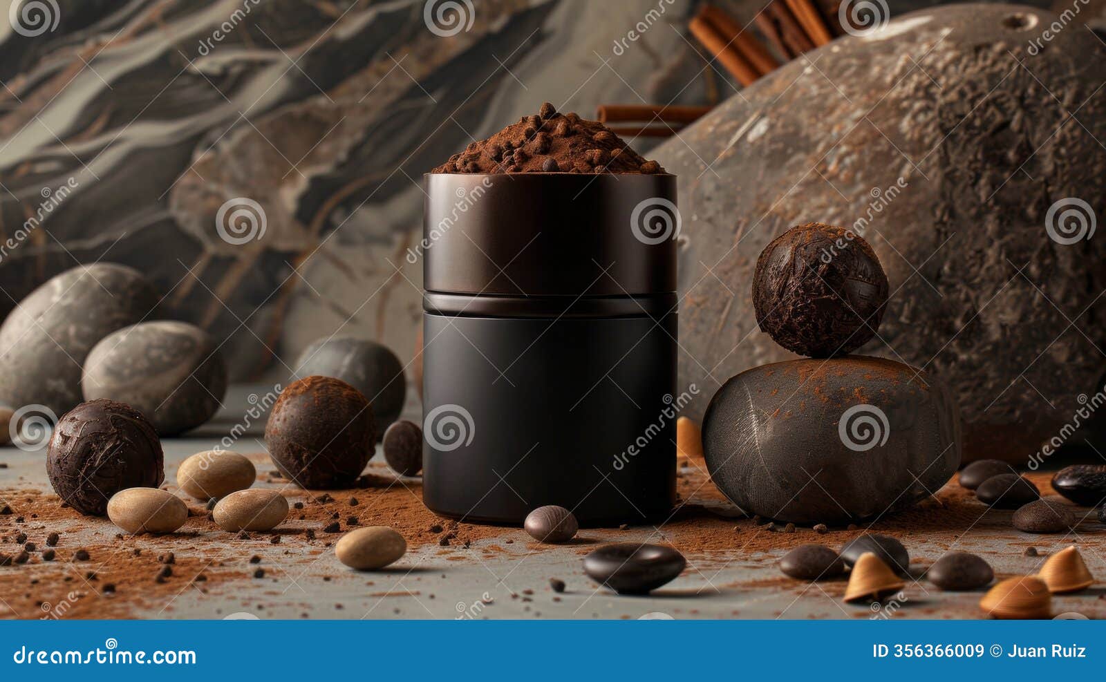 chocolate truffles and cocoa powder on textured background