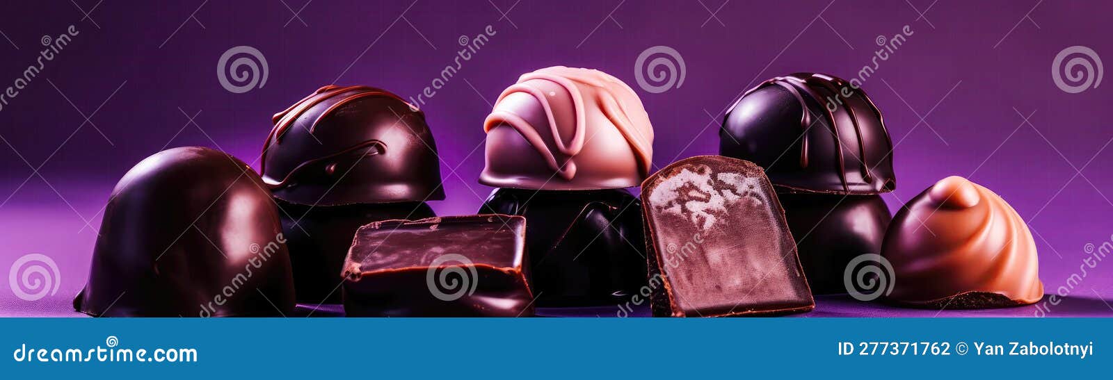 Chocolates Standing on Gradient White Purple Background Wide Panoramic