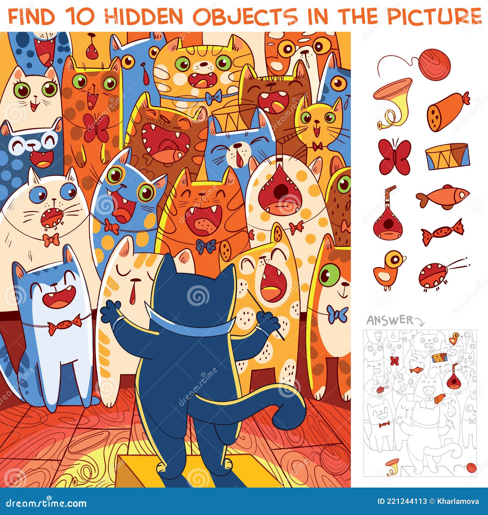 choir of cats with cat conductor. find 10 hidden objects