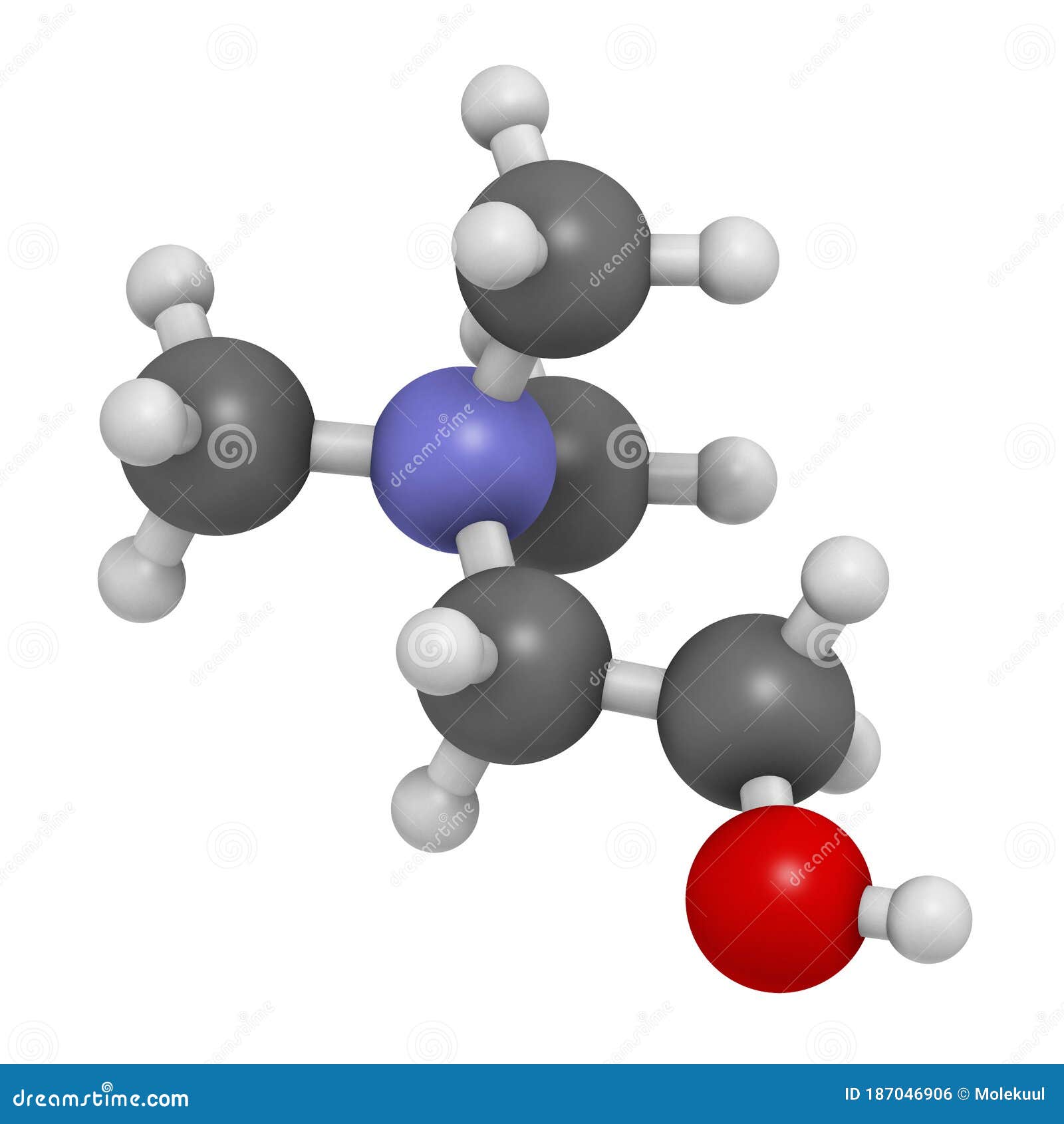 choline essential nutrient molecule. 3d rendering.   atoms are represented as spheres with conventional color coding: hydrogen (