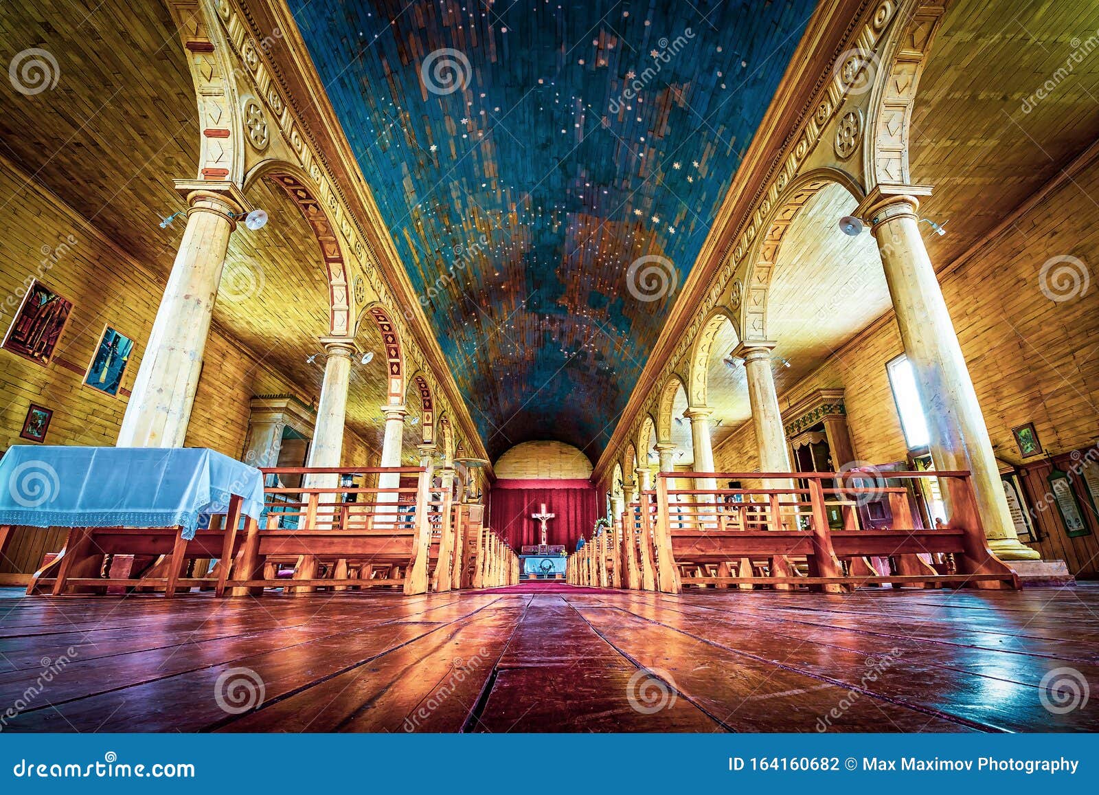 chonchi, chiloe island, chile - inside the wooden jesuit church in chonchi