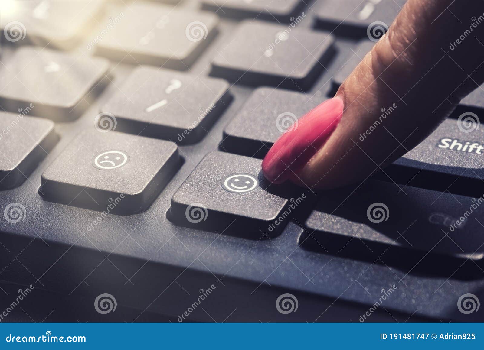 choose to be happy or joy lifestyle abstract button at computer keyboard pressed by woman finger